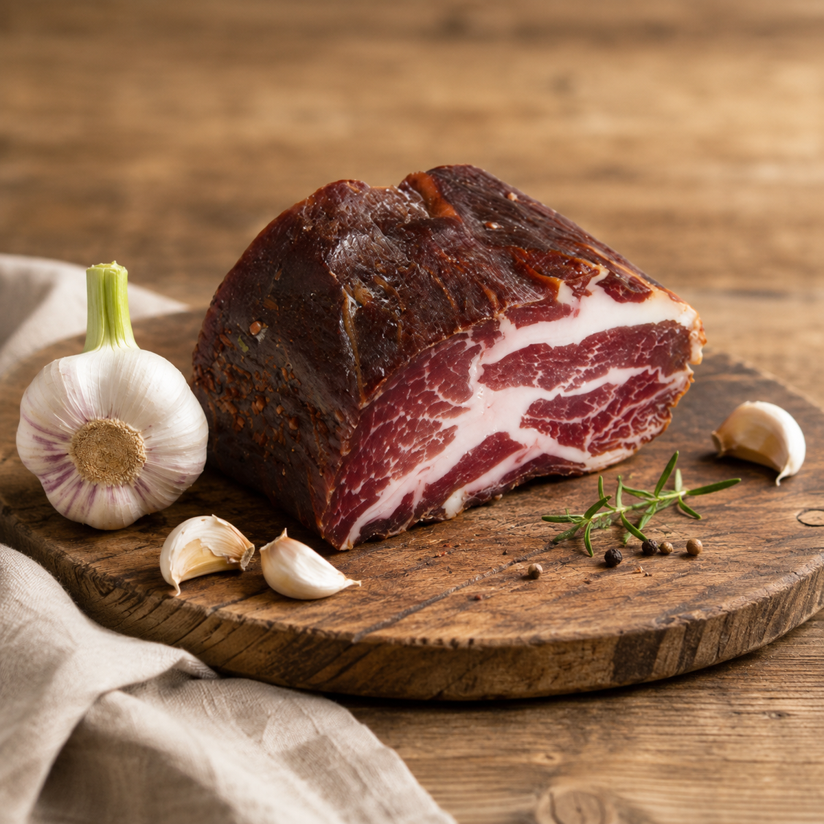 Knoblauchspeck mit kräftiger Knoblauchwürzung und Buchenrauch