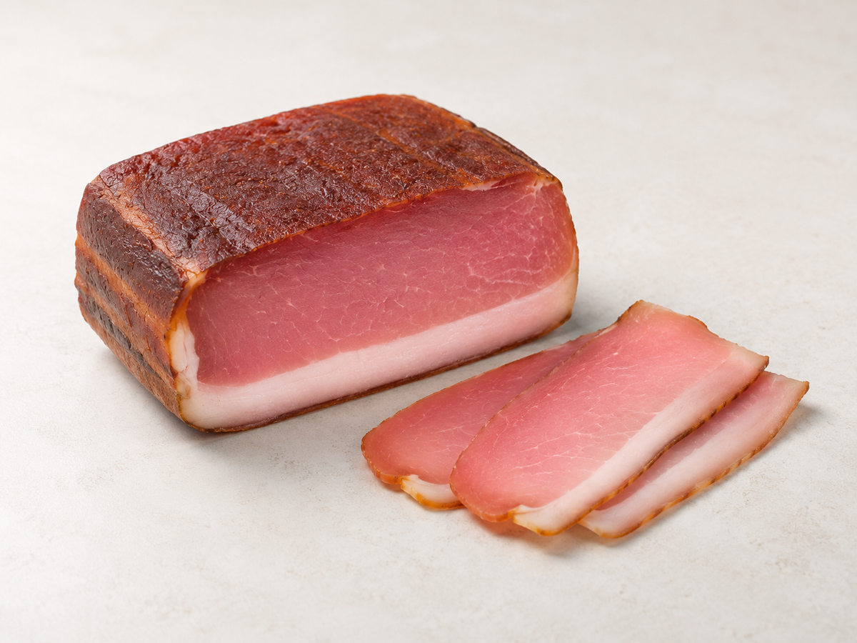 Magerer Karreespeck aus Schweinefleisch, gewürzt und geräuchert aus Tirol